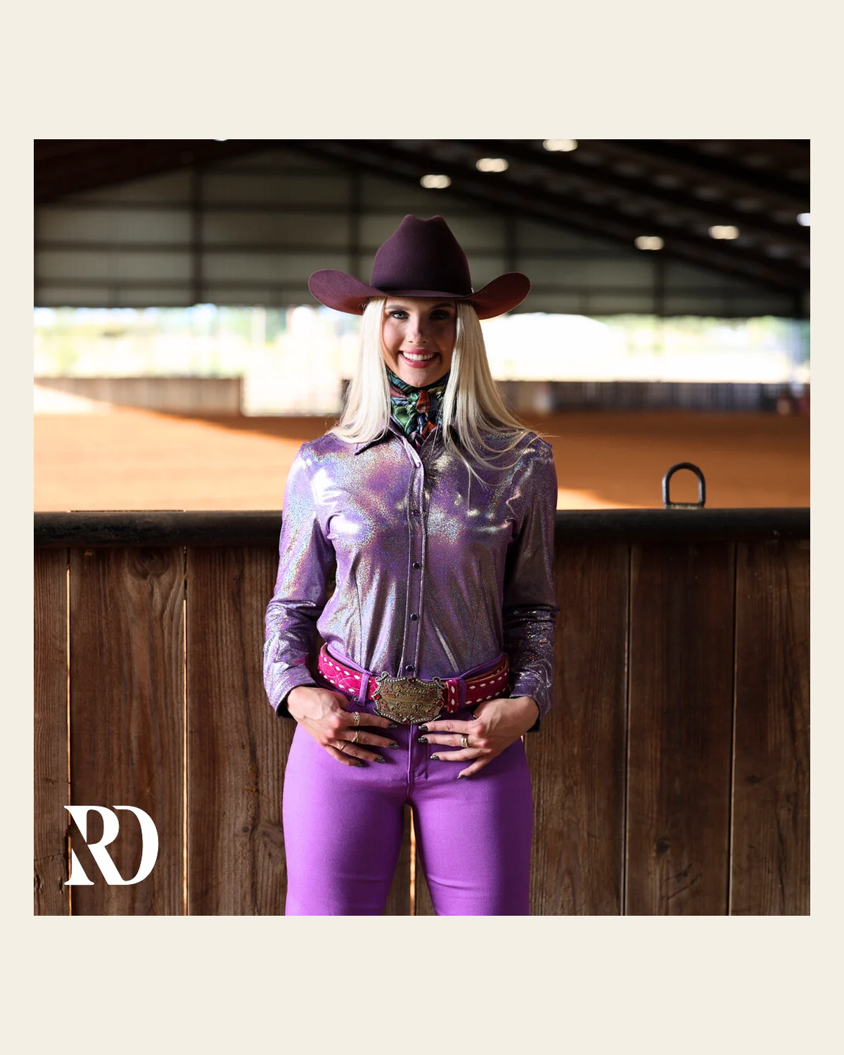 Lavender Sparkle Performance Rodeo Shirt on a warm cream background