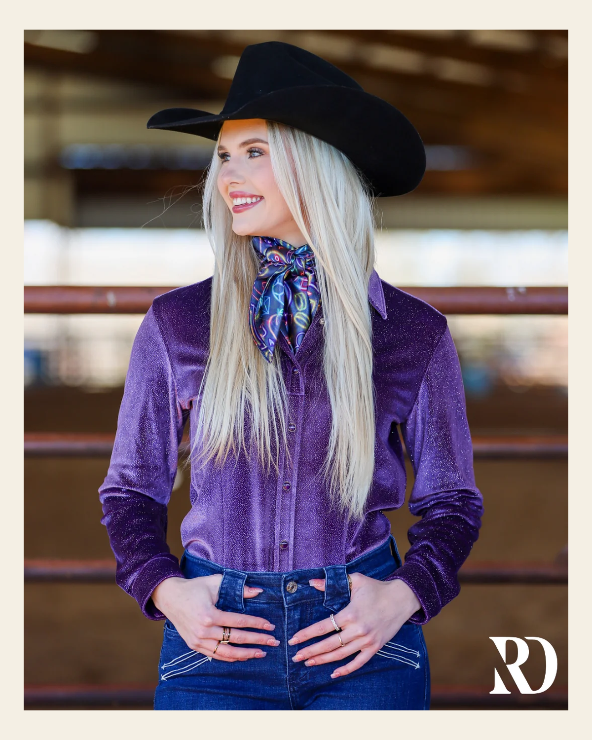 Lavender Velvet Sparkle Performance Rodeo Shirt on a warm cream background