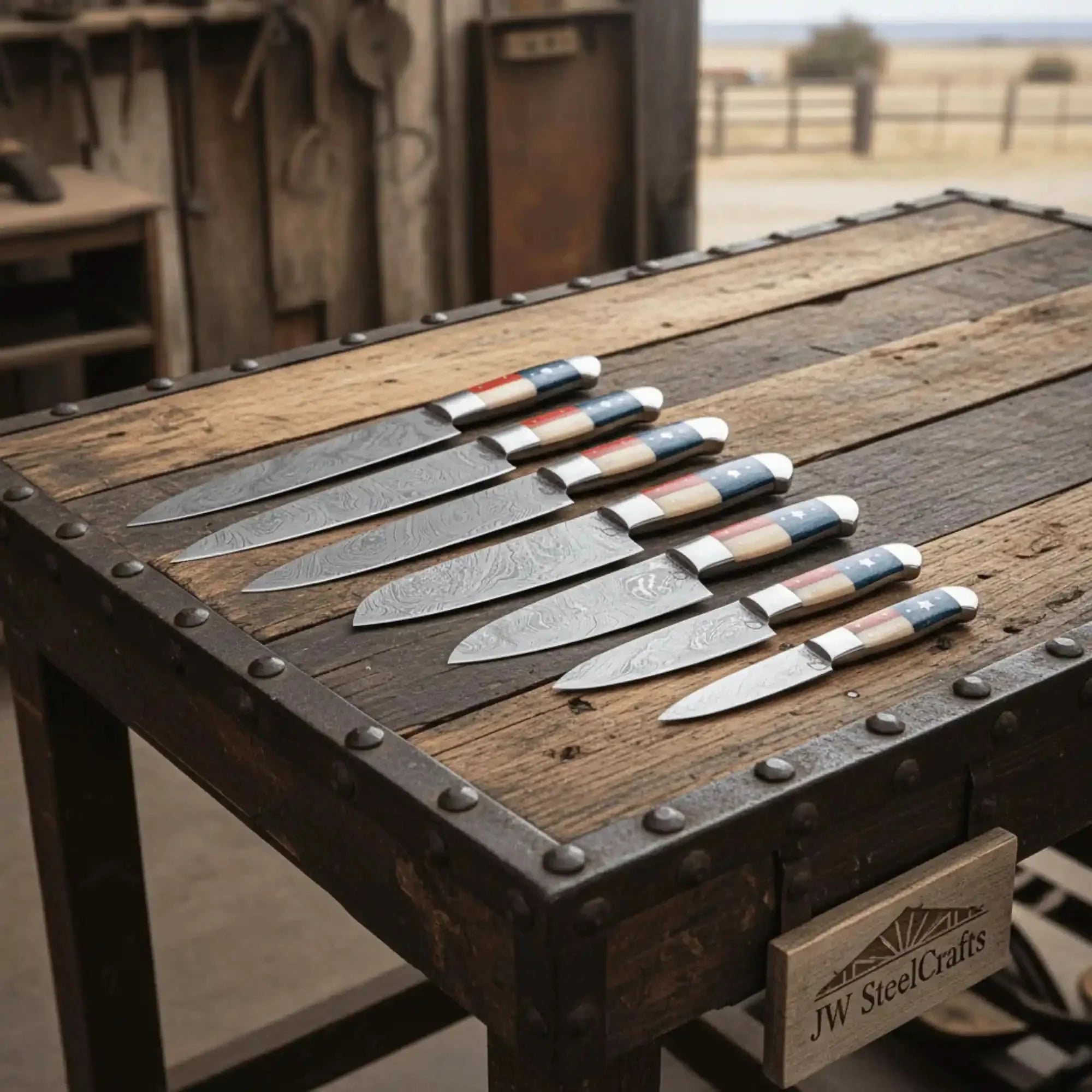 8-Piece Damascus Kitchen Knife Set — Texas Flag Handles, Full Tang Chef, Bread, Santoku, Utility & Paring Knives