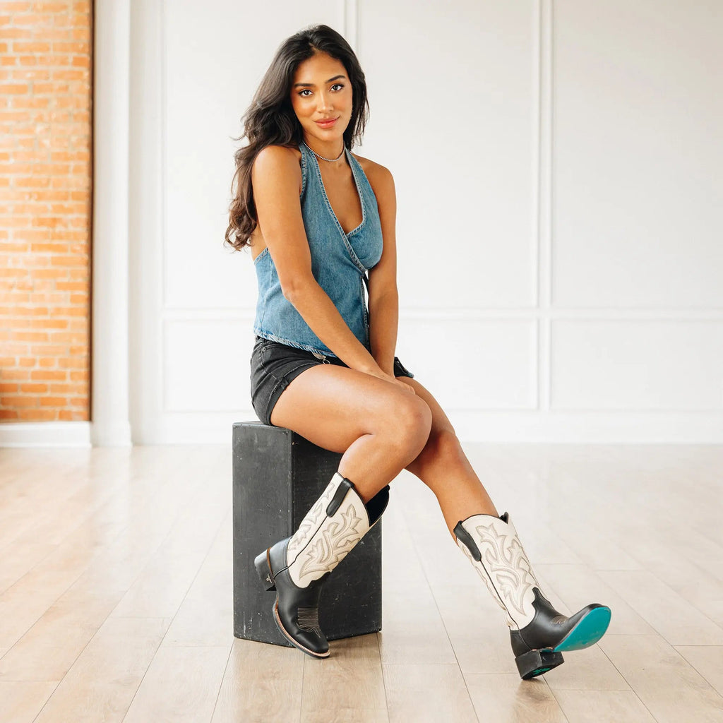 Classic Square Boot - Jet Black and Pale Ivory