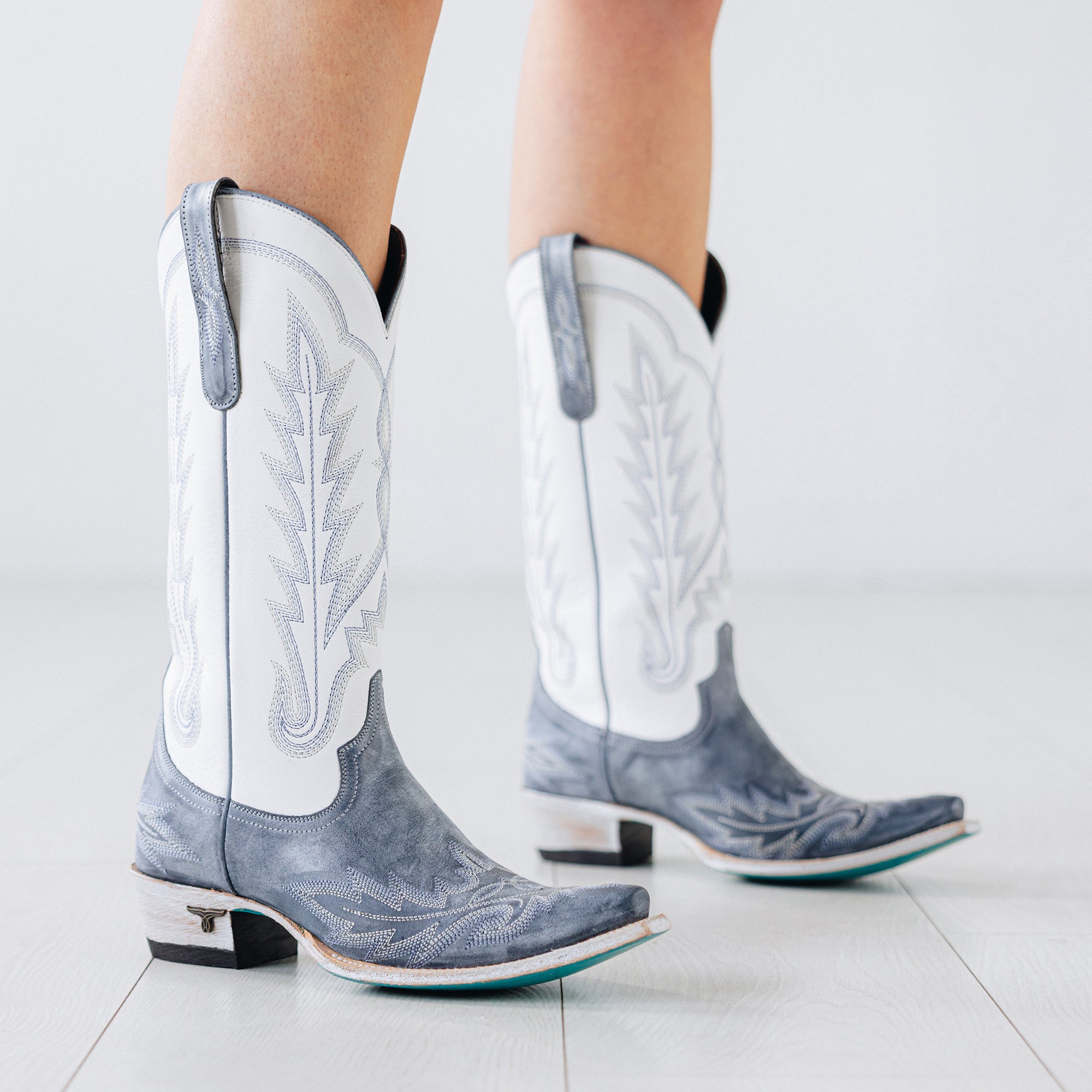 Washed Denim Matte White Snip Toe Western Boot