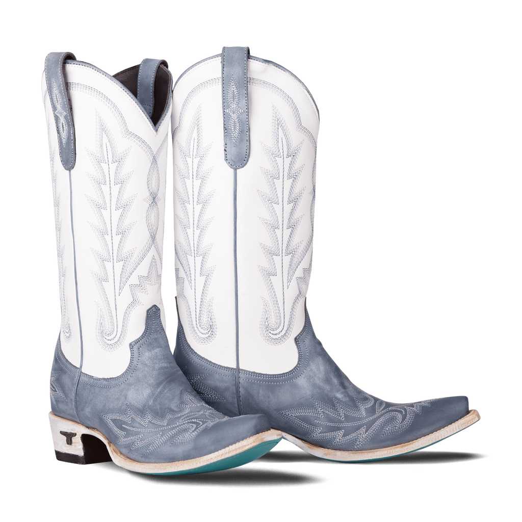 Washed Denim Matte White Snip Toe Western Boot