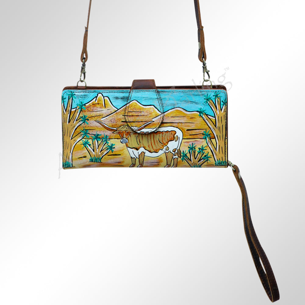 American Darling Wristlet Bag, Hand-Painted Genuine Leather, Western Vegetable Tanned Full Grain Leather Wallet Bag