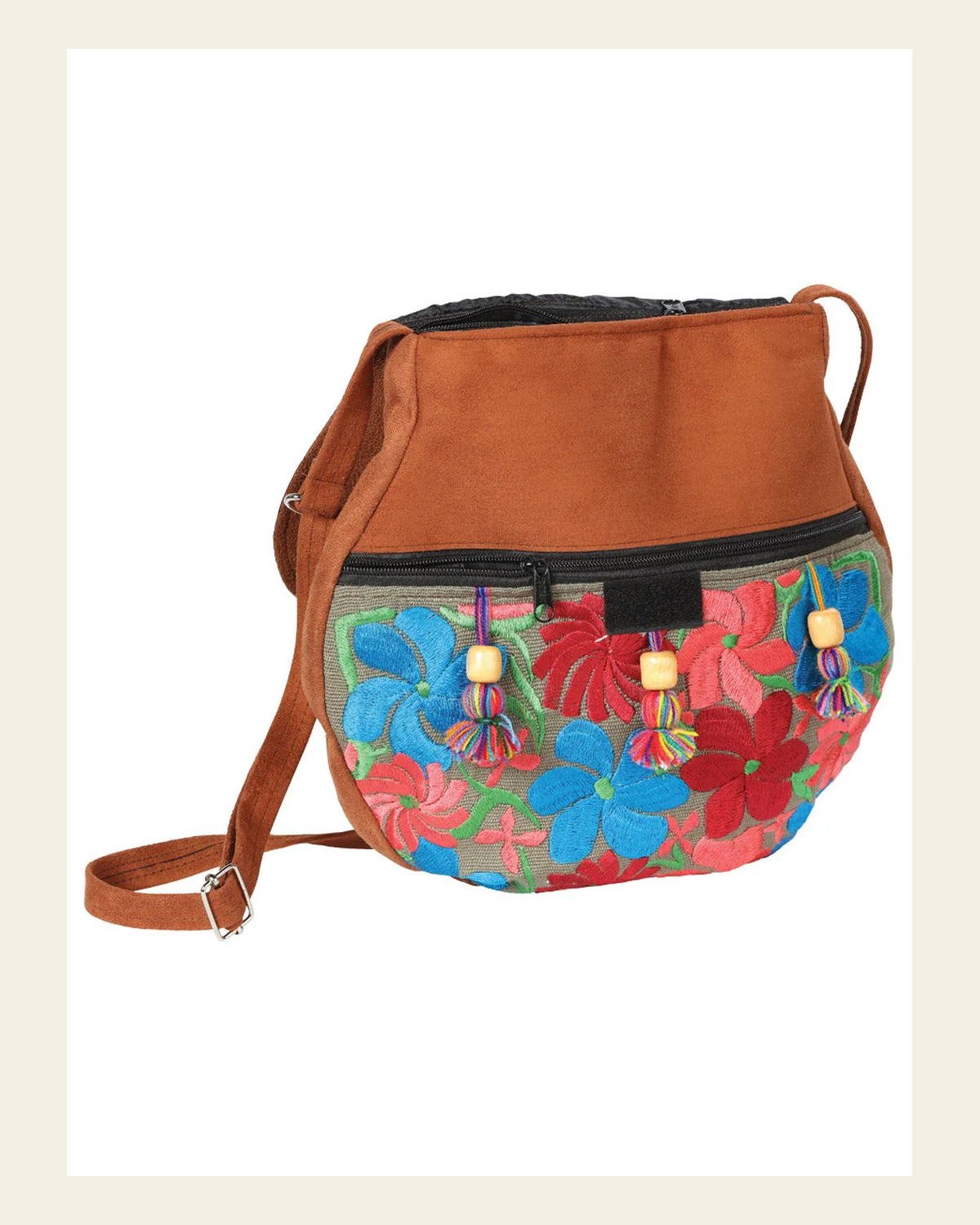 Artisanal Embroidered Handbag Suede Multicolor 602916 on a warm cream background