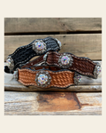 Genuine Leather Dog Collar With Antique Silver AB Conchos 10" to 22" -DC42 on a warm cream background