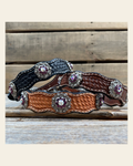 Genuine Leather Dog Collar With Antique Silver Amethyst and AB Conchos 10" to 22" -DC46 on a warm cream background