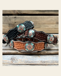 Genuine Leather Dog Collar With Antique Silver and Copper Flower Conchos 10" to 22" W190S -DC62 on a warm cream background