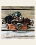 Genuine Leather Dog Collar With Antique Silver and Dots Conchos 10" to 22" W147S -DC53 on a warm cream background