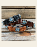 Genuine Leather Dog Collar With Antique Silver Aqua and Clear Conchos 10" to 22" -DC39 on a warm cream background