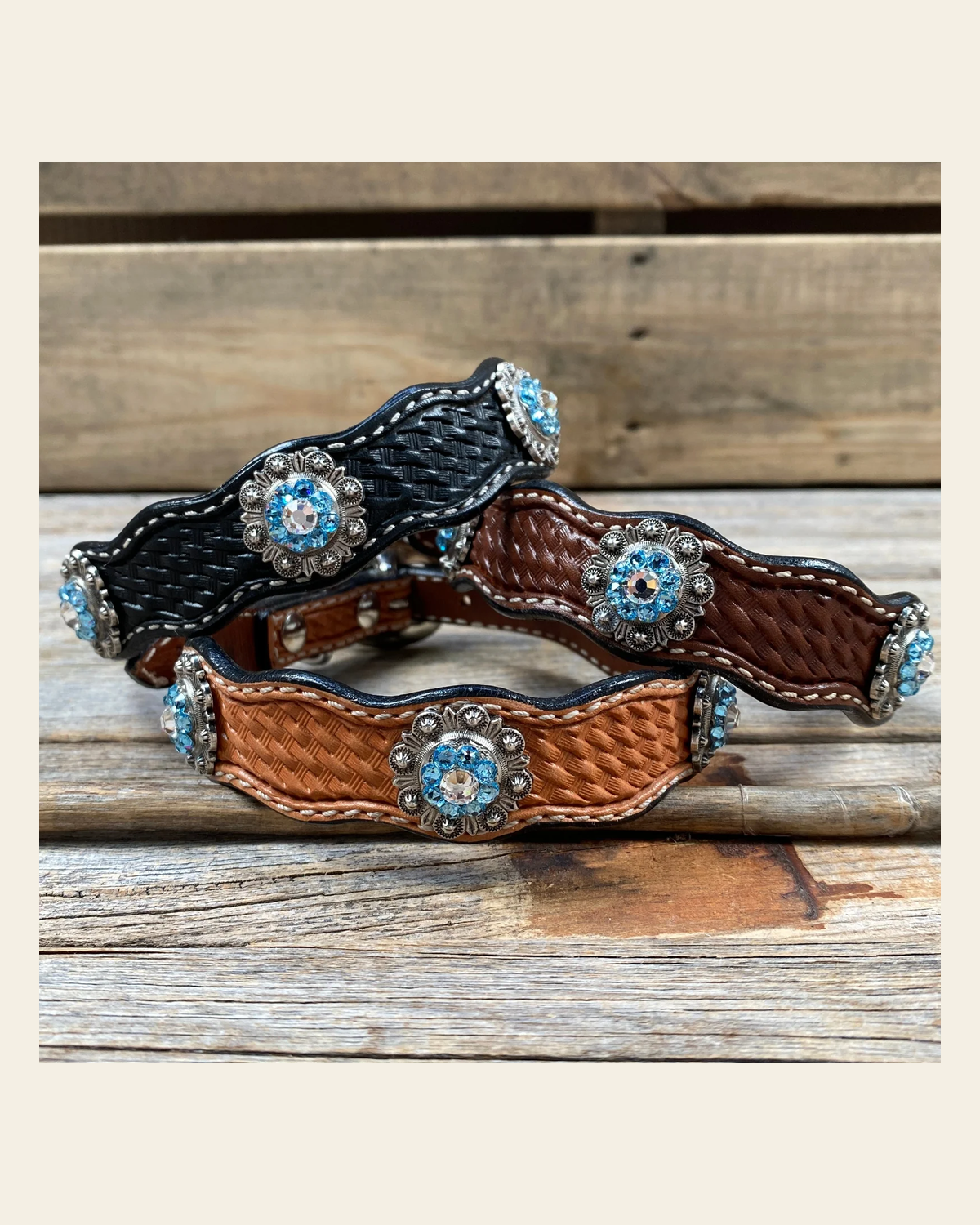 Genuine Leather Dog Collar With Antique Silver Aqua and Clear Conchos 10" to 22" -DC39 on a warm cream background
