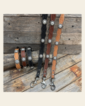 Genuine Leather Dog Collar or Leash With Antique Silver Clear Conchos 10" to 22" orDC44 on a warm cream background