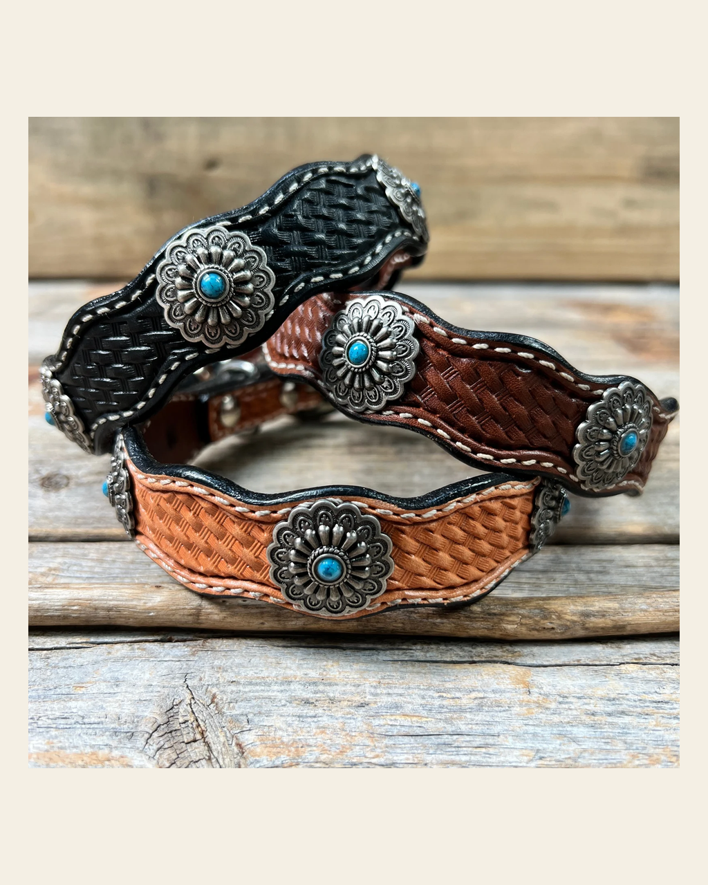 Genuine Leather Dog Collar With Antique Silver Floral Conchos 10" to 22" W203S -DC54 on a warm cream background