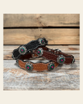 Genuine Leather Dog Collar With Antique Silver Fuchsia and Emerald Conchos 10" to 22" -DC74 on a warm cream background