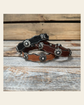Genuine Leather Dog Collar With Antique Silver Jet and Clear Conchos 10" to 22" -DC75 on a warm cream background