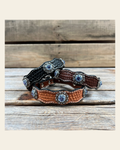 Genuine Leather Dog Collar With Antique Silver Lilac and Light Sapphire Conchos 10" to 22" -DC50 on a warm cream background