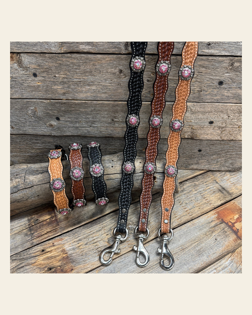 Genuine Leather Dog Collar or Leash With Antique Silver Pink and AB Conchos 10" to 22" orDC40 on a warm cream background