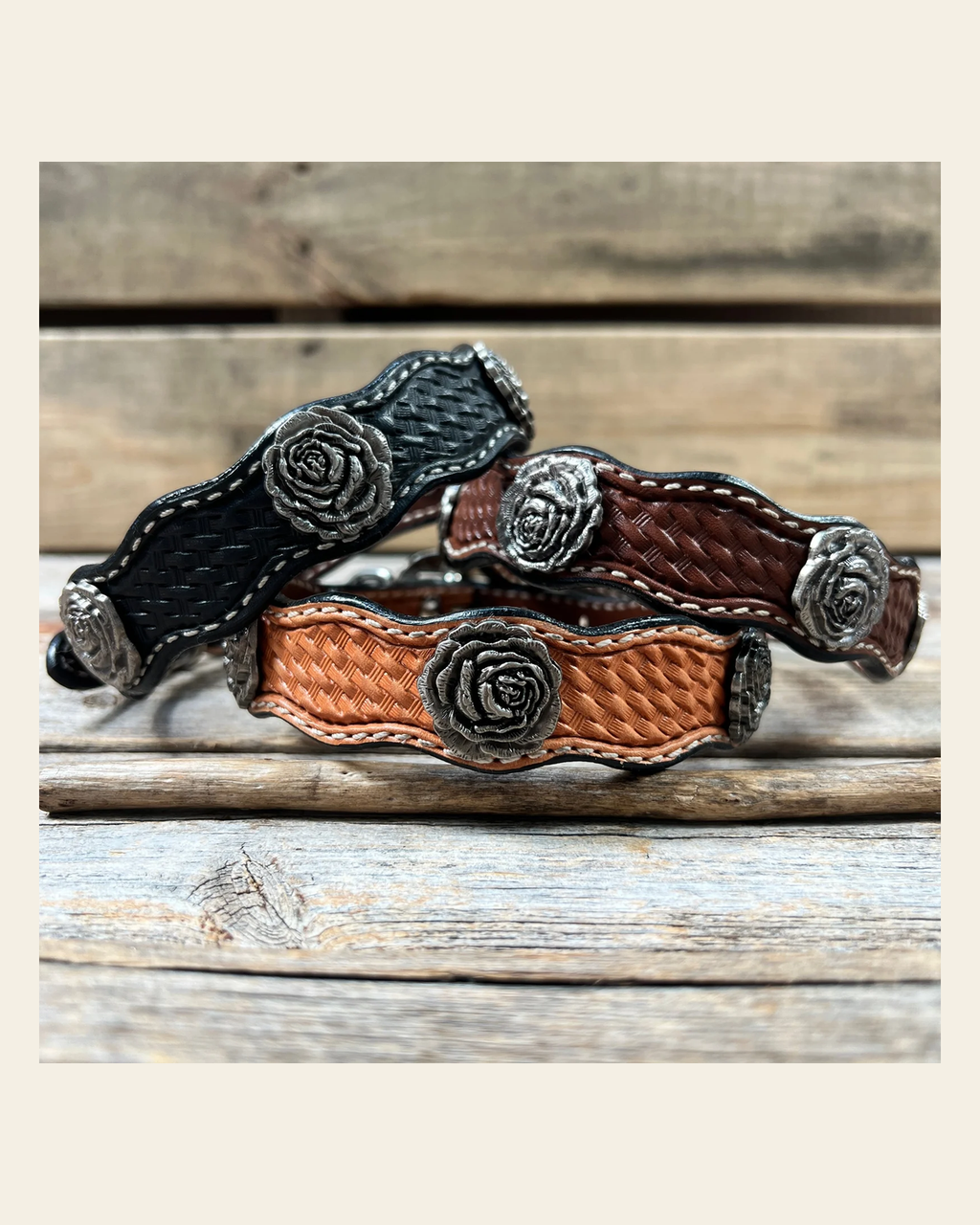 Genuine Leather Dog Collar With Antique Silver Rose Conchos 10" to 22" W108S -DC60 on a warm cream background