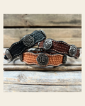 Genuine Leather Dog Collar With Antique Silver Rose Conchos 10" to 22" W108S -DC60 on a warm cream background