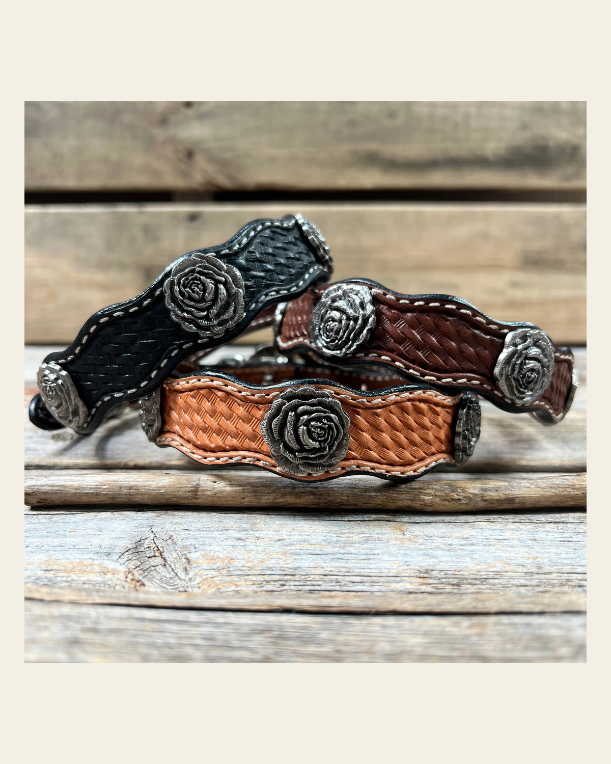 Genuine Leather Dog Collar With Antique Silver Rose Conchos 10" to 22" W108S -DC60 on a warm cream background