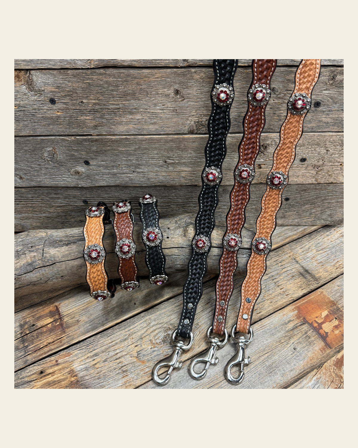 Genuine Leather Dog Collar or Leash With Antique Silver Ruby and AB Conchos 10" to 22" orDC41 on a warm cream background