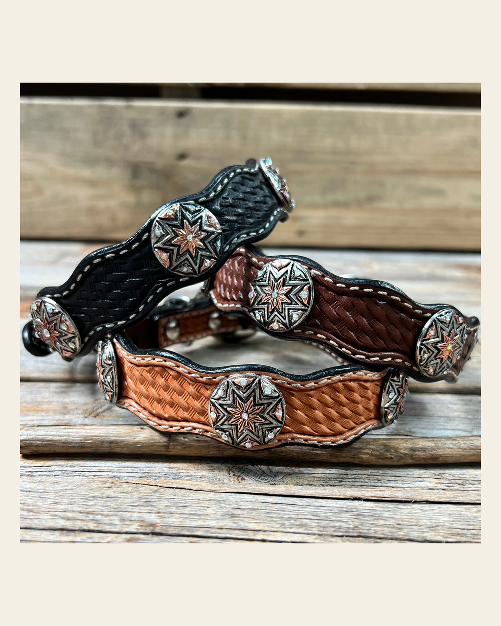 Genuine Leather Dog Collar With Antique Silver Starburst Conchos 10" to 22" W185S -DC57 on a warm cream background