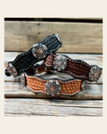 Genuine Leather Dog Collar With Antique Silver Starburst Conchos 10" to 22" W185S -DC57 on a warm cream background