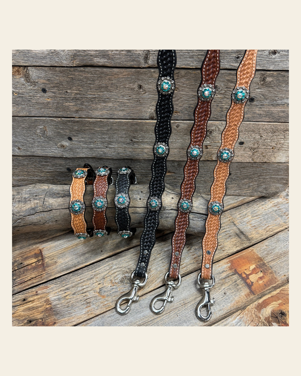 Genuine Leather Dog Collar or Leash With Antique Silver Teal and AB Conchos 10" to 22" orDC45 on a warm cream background