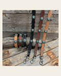 Genuine Leather Dog Collar or Leash With Antique Silver Teal and AB Conchos 10" to 22" orDC45 on a warm cream background