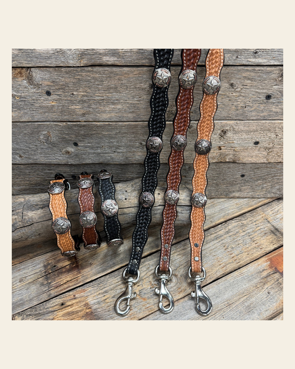 Genuine Leather Dog Collar or Leash With Antique Silver Texas Star Conchos 10" to 22" W187S -DC59 on a warm cream background