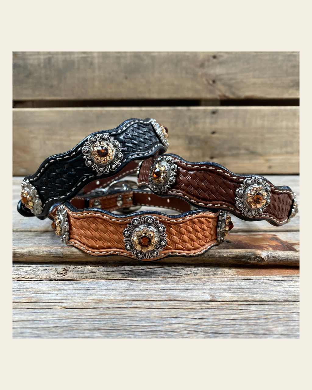 Genuine Leather Dog Collar With Antique Silver Topaz and Champagne Conchos 10" to 22" -DC12 on a warm cream background