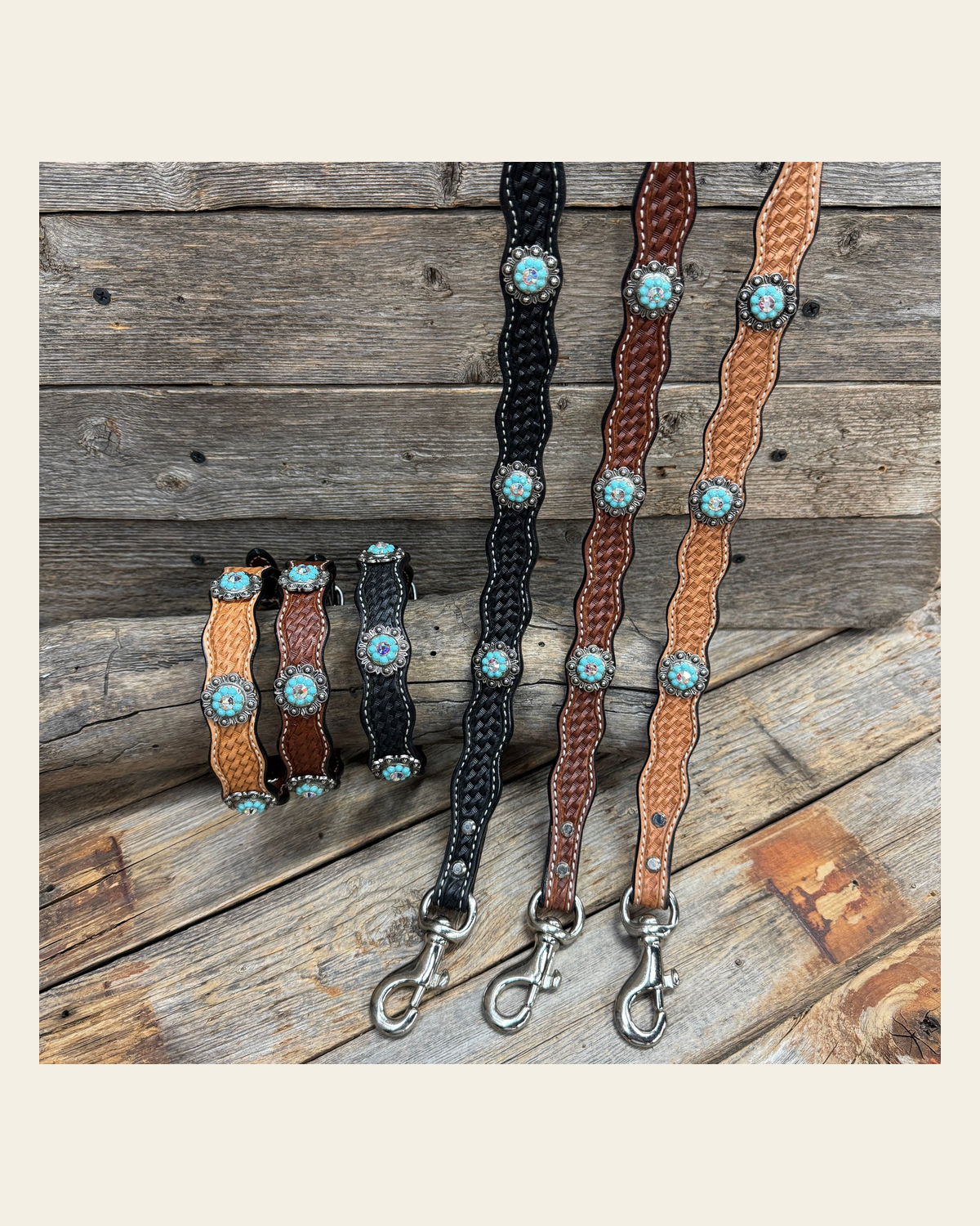 Genuine Leather Dog Collar or Leash With Antique Silver Turquoise and AB Conchos 10" to 22" orDC5 on a warm cream background