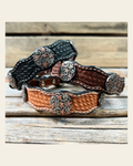 Genuine Leather Dog Collar With Antique Silver with Copper Flower Conchos 10" to 22" W200S -DC1000 on a warm cream background