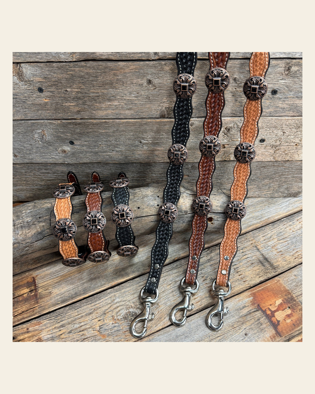 Genuine Leather Dog Collar or Leash With Black Fleur De Lis Conchos 10" to 22" W241 -DC73 on a warm cream background