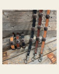 Genuine Leather Dog Collar or Leash With Black Fleur De Lis Conchos 10" to 22" W241 -DC73 on a warm cream background