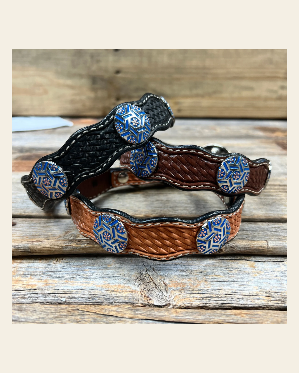 Genuine Leather Dog Collar With Blue Geometric Conchos 10" to 22" W236S -DC67 on a warm cream background