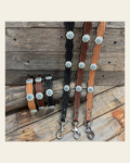 Genuine Leather Dog Collar or Leash With Bright Silver Aqua and Clear Conchos 10" to 22" orDC47 on a warm cream background