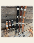 Genuine Leather Dog Collar or Leash With Bright Silver Clear Conchos 10" to 22" DC1 on a warm cream background