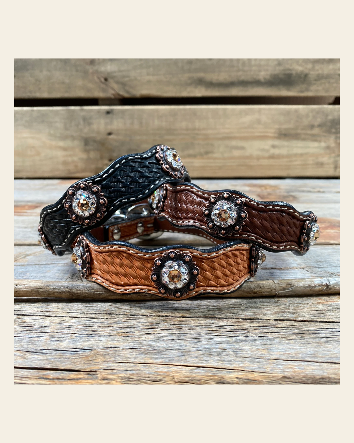 Genuine Leather Dog Collar With Copper Champagne and Clear Conchos 10" to 22" -DC34 on a warm cream background