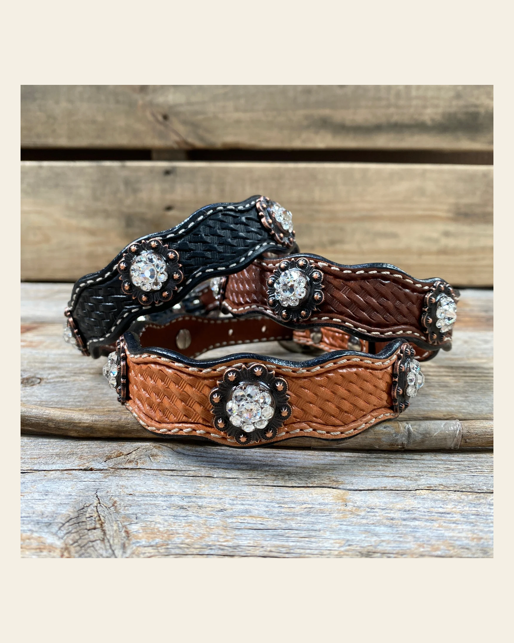 Genuine Leather Dog Collar With Copper Clear Conchos 10" to 22" -DC8 on a warm cream background