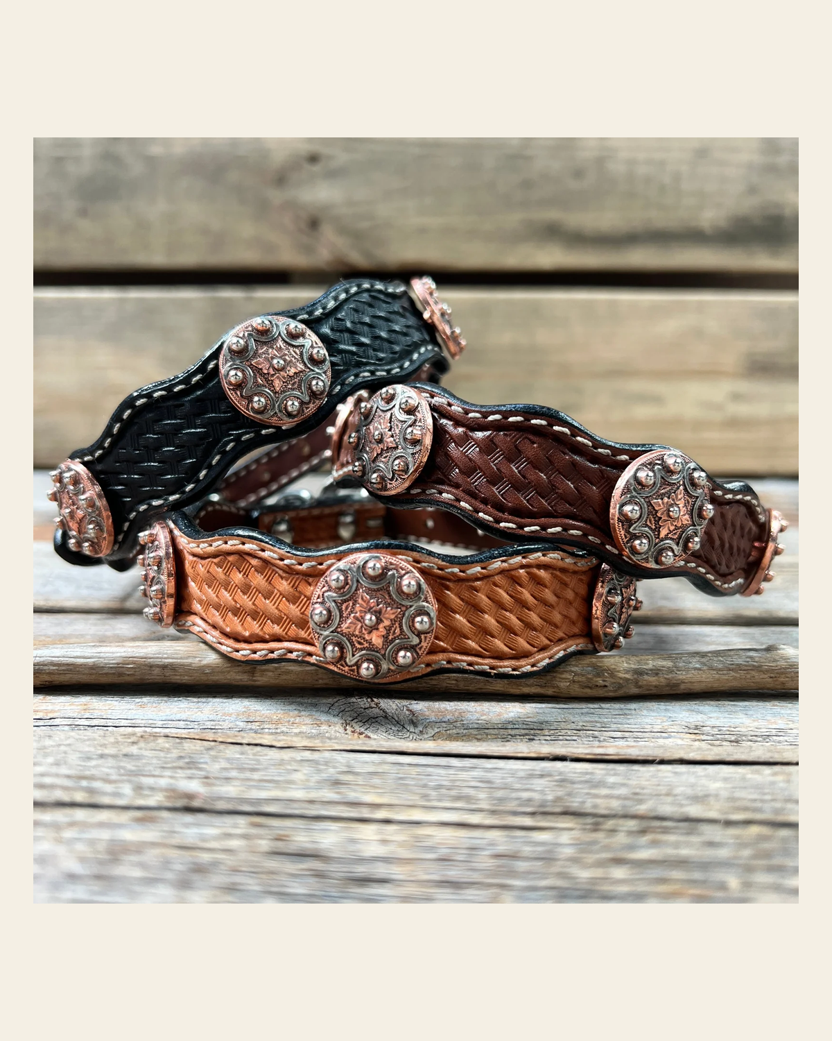 Genuine Leather Dog Collar With Copper Dots Conchos 10" to 22" W184S -DC58 on a warm cream background