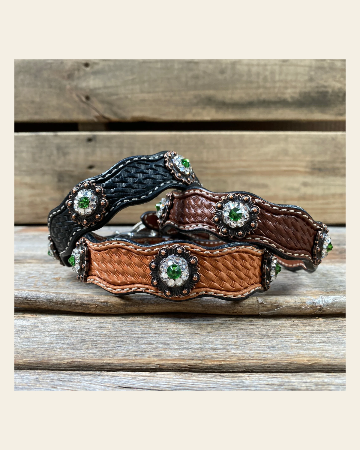 Genuine Leather Dog Collar With Copper Fern and Clear Conchos 10" to 22" -DC11 on a warm cream background