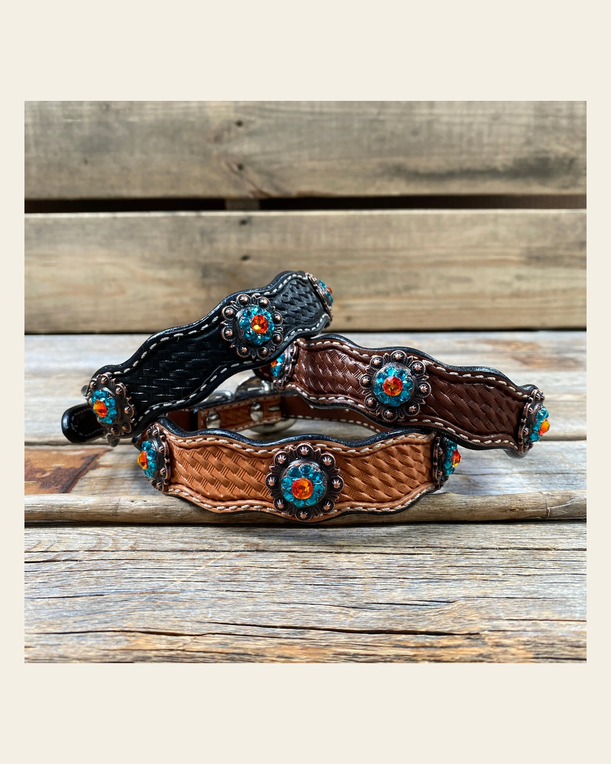Genuine Leather Dog Collar With Copper Fire Opal and Teal Conchos 10" to 22" -DC37 on a warm cream background