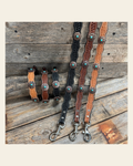 Genuine Leather Dog Collar or Leash With Copper Fleur De Lis Conchos 10" to 22" W141S -DC55 on a warm cream background