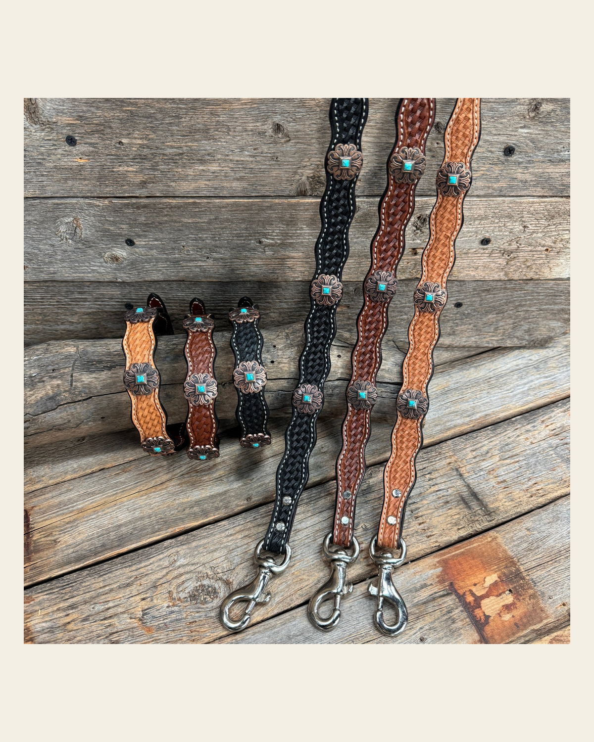Genuine Leather Dog Collar or Leash With Copper Fleur De Lis Conchos 10" to 22" W141S -DC55 on a warm cream background