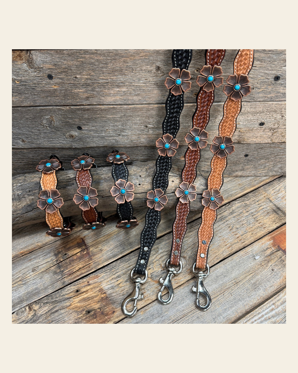 Genuine Leather Dog Collar or Leash With Copper Flower Conchos 12" to 22" W111S -DC7 on a warm cream background