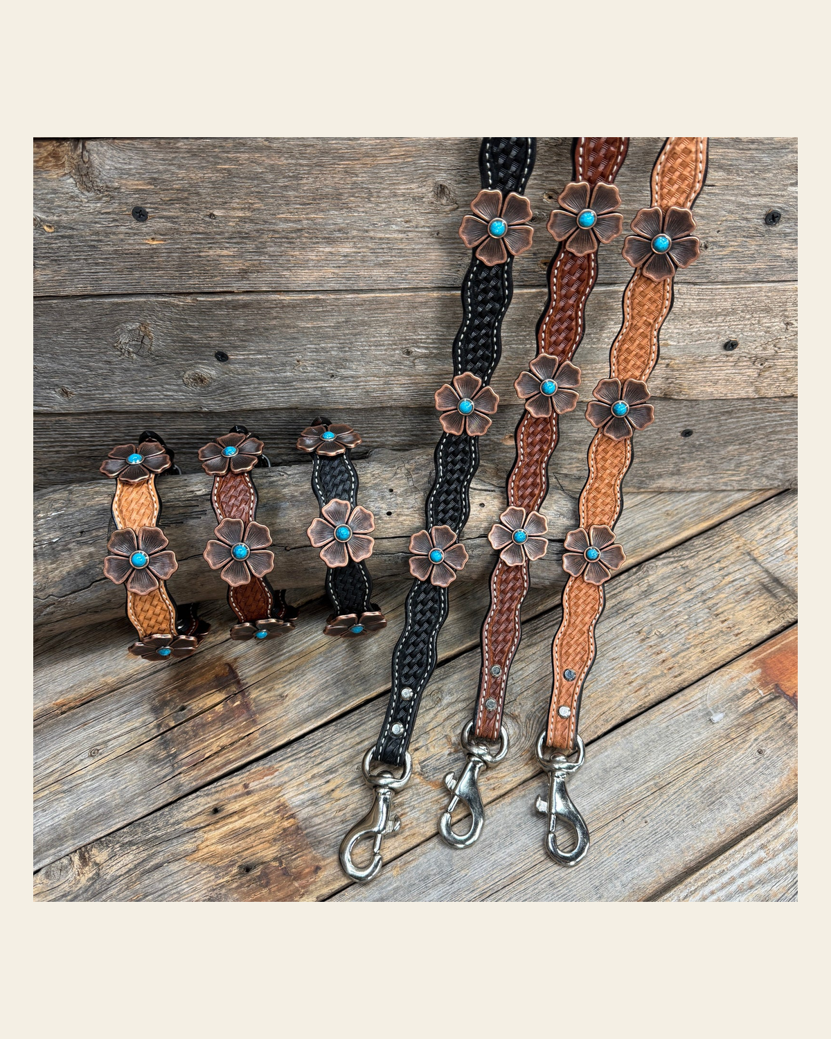 Genuine Leather Dog Collar or Leash With Copper Flower Conchos 12" to 22" W111S -DC7 on a warm cream background