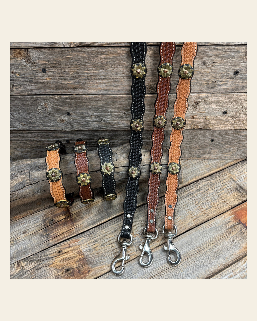 Genuine Leather Dog Collar or Leash With Copper Flower Conchos 10" to 22" W125S -DC52 on a warm cream background