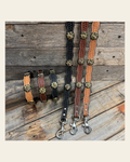 Genuine Leather Dog Collar or Leash With Copper Flower Conchos 10" to 22" W125S -DC52 on a warm cream background