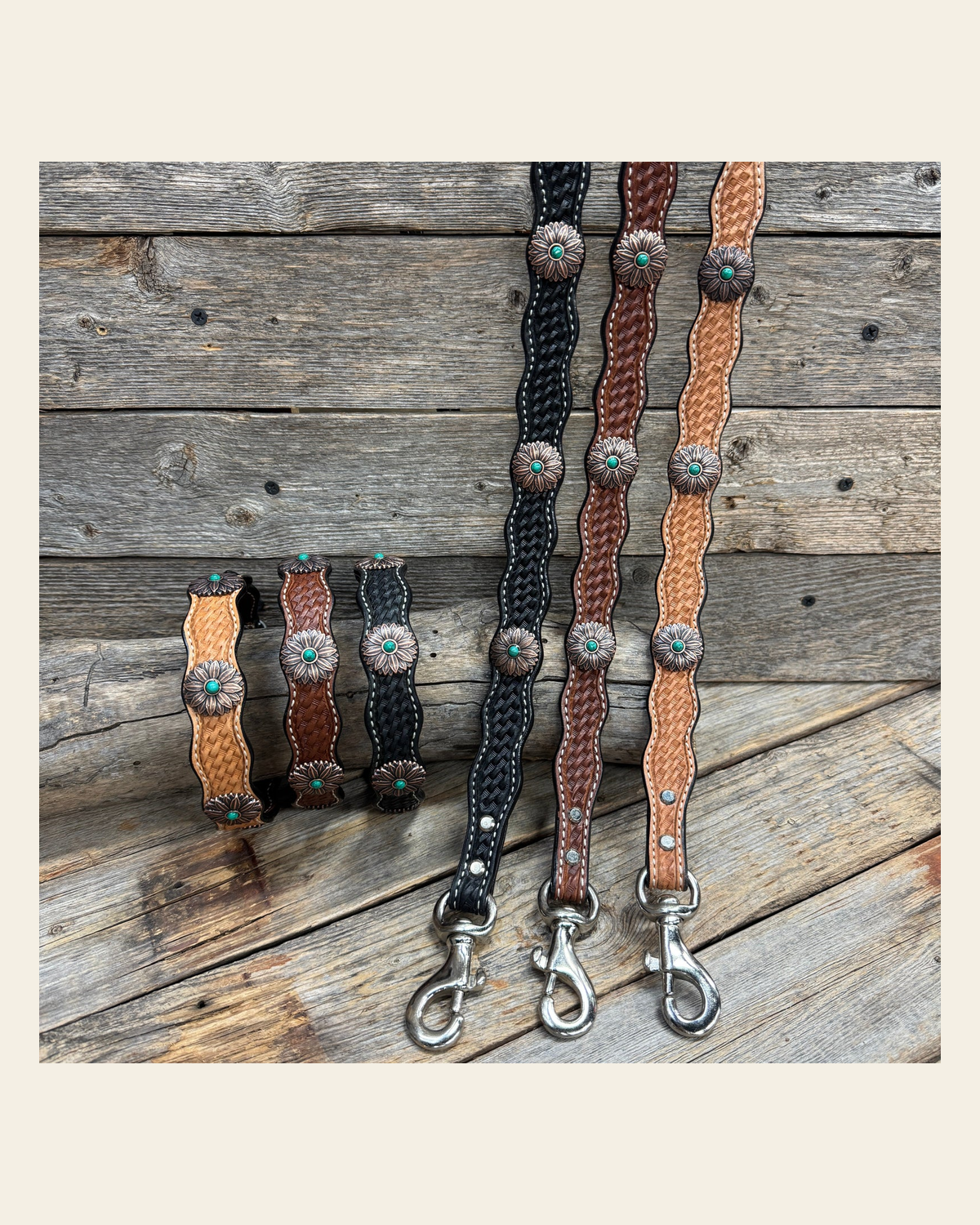 Genuine Leather Dog Collar or Leash With Copper Flower Conchos 10" to 22" W132S -DC6 on a warm cream background