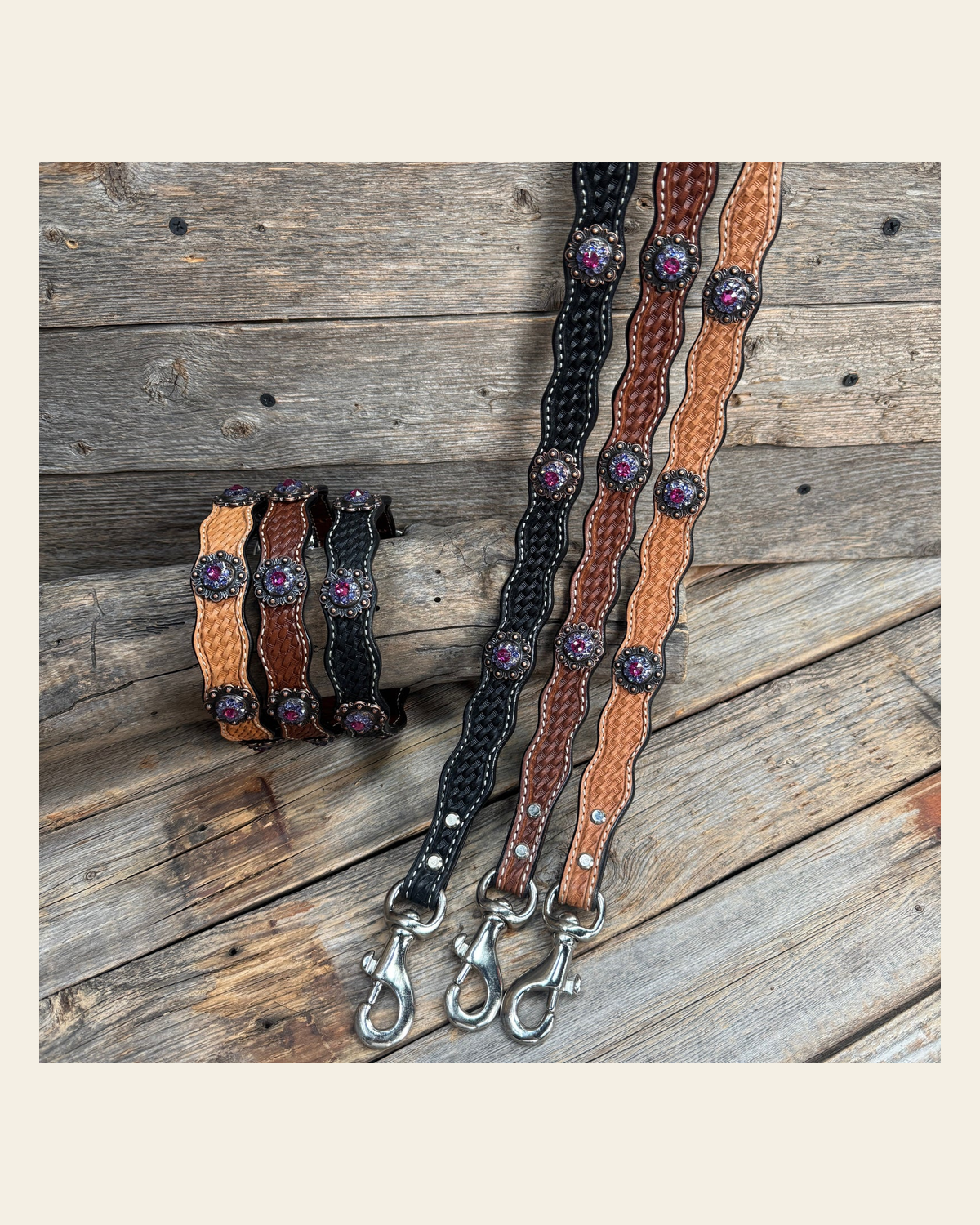 Genuine Leather Dog Collar or Leash With Copper Fuchsia and Lilac Conchos 10" to 22" orDC35 on a warm cream background
